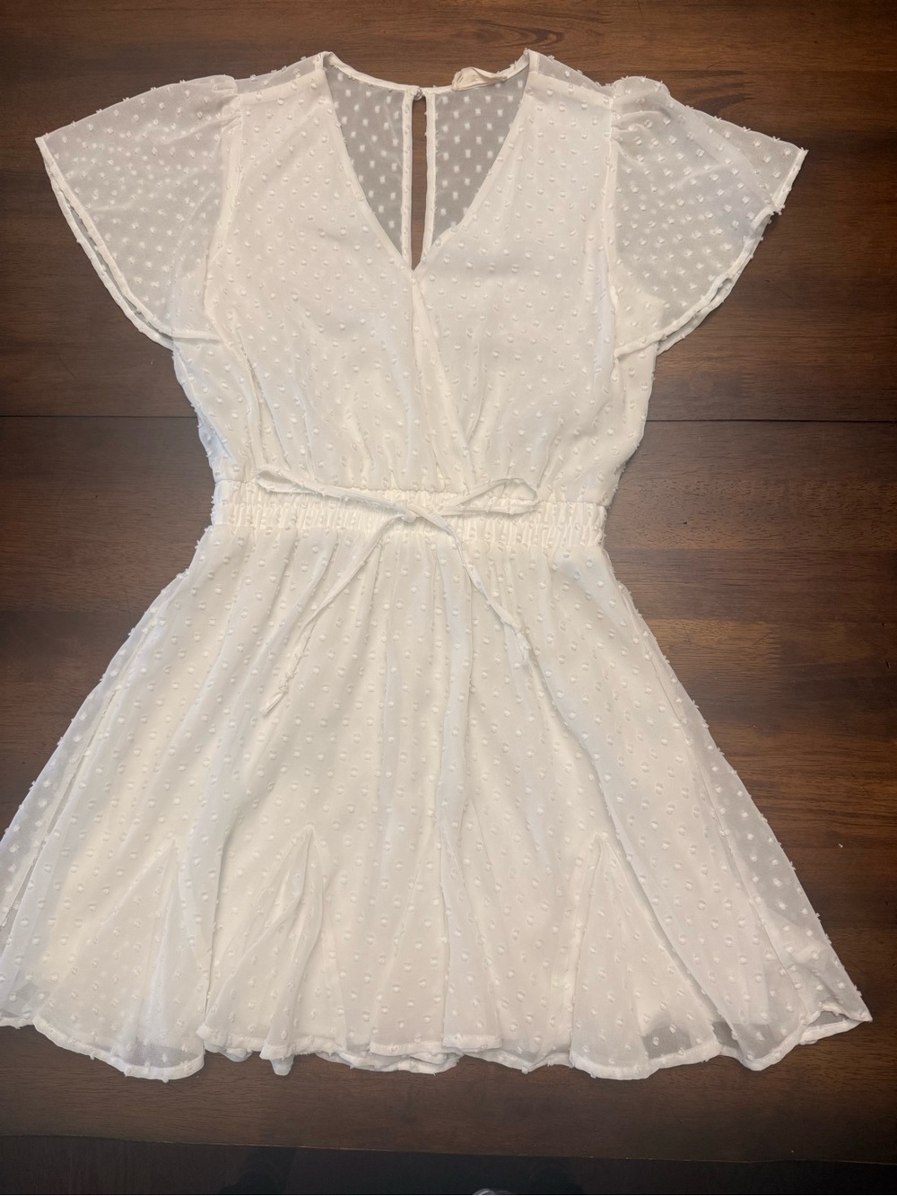 Altar’d state White Swiss-Dot Chiffon Mini Dress With Flutter Sleeves